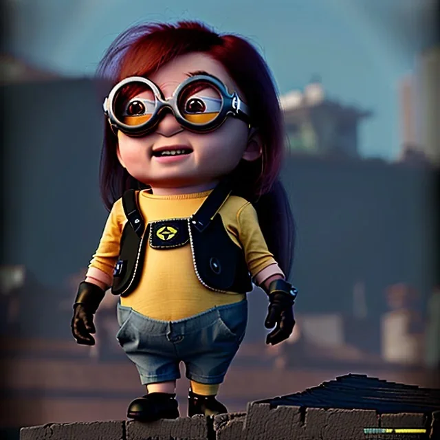 Female Minion toddler, steampunk, full body, red hair, leather jacket, dramatic lighting, hyper realistic