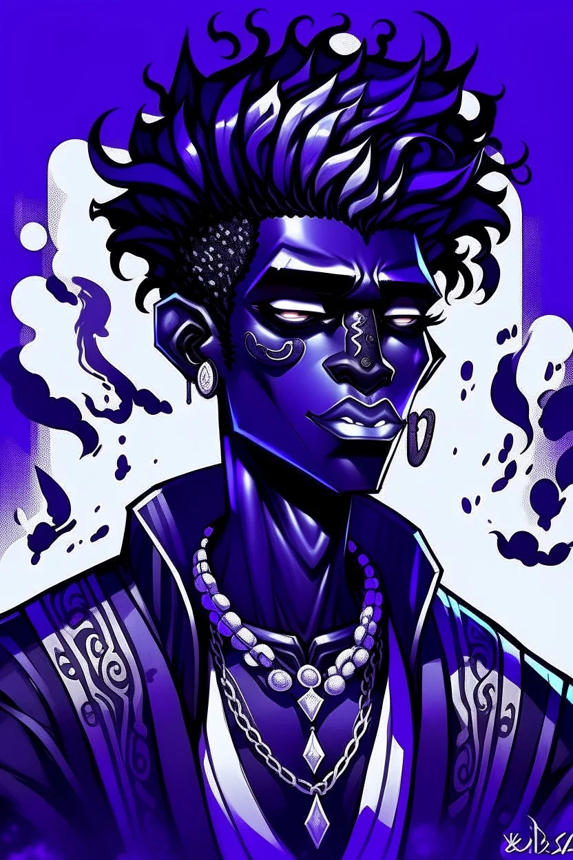 Male Air genasi fra d&d with black skin smoke some hair an Asian skin ghostly appearance with a Smokey undertone mork