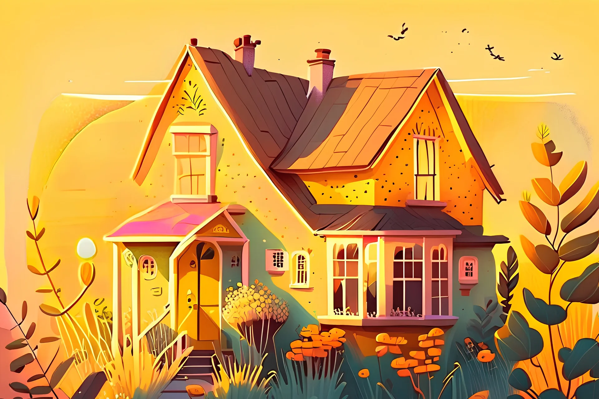 House illustration, realistic, detailed, illustrative, childrenbook style, Yellow house, sunset, cute plants