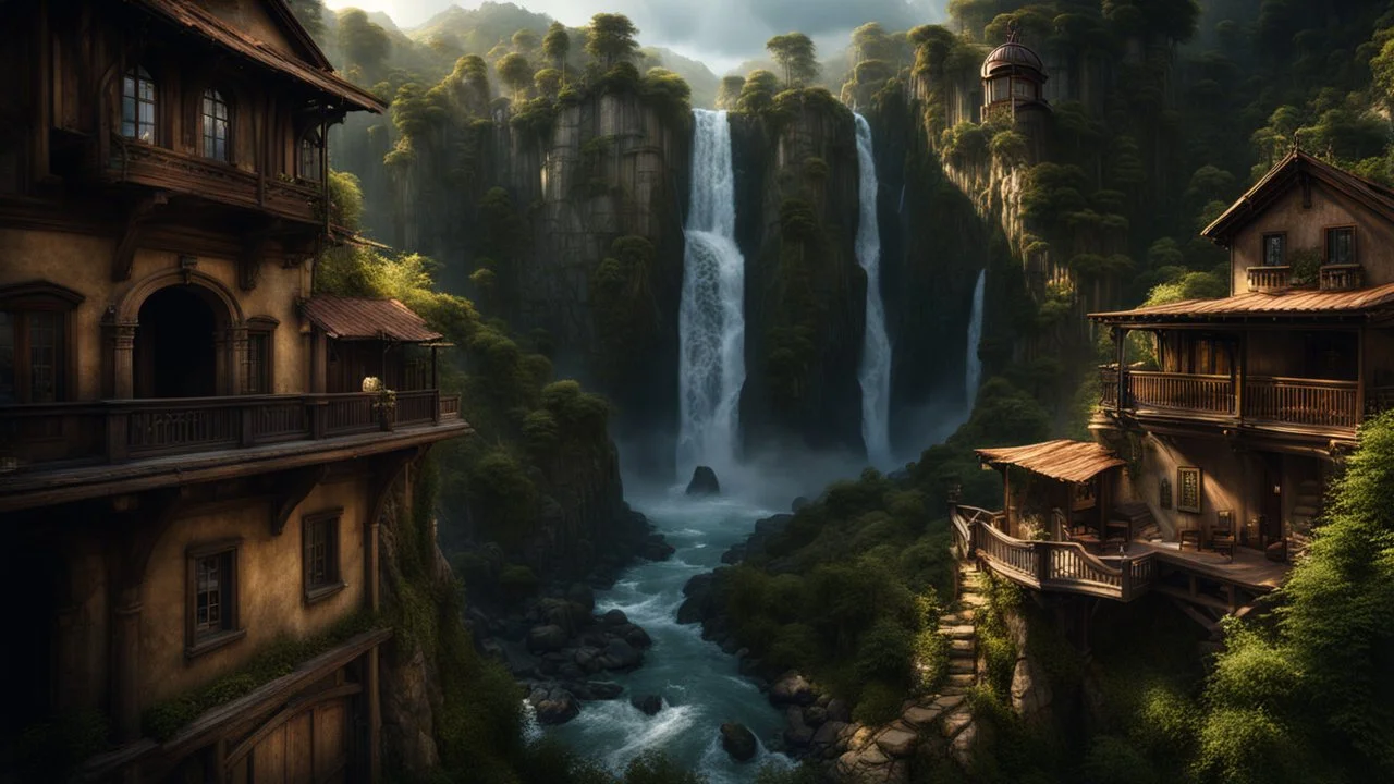 a small town at the end of a steep ravine. multiple waterfalls, a masterpiece, fantasy concept art, dynamic lighting, hyperdetailed, intricately detailed, deep color, Unreal Engine, volumetric lighting, Epic cinematic brilliant stunning intricate meticulously detailed dramatic atmospheric maximalist digital matte painting