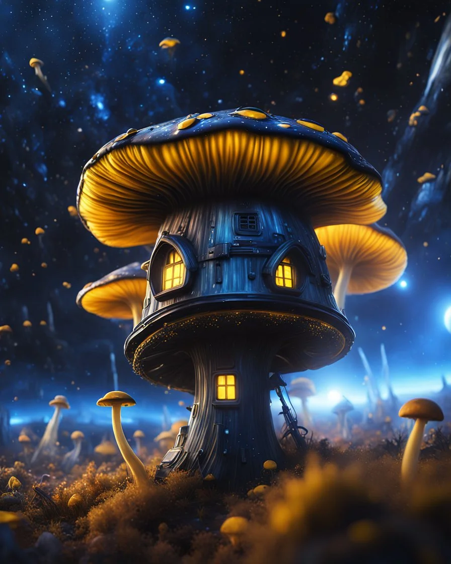 A weird floating mushroom house in galactic space. black blue yellow and white, Dark cosmic interstellar. Detailed Matte Painting, deep color, fantastical, intricate detail, splash screen, hyperdetailed, insane depth, concept art, 8k resolution, trending on Artstation, Unreal Engine 5, color depth, backlit, splash art, dramatic, High Quality Whimsical Fun Imaginative unusual, good composition