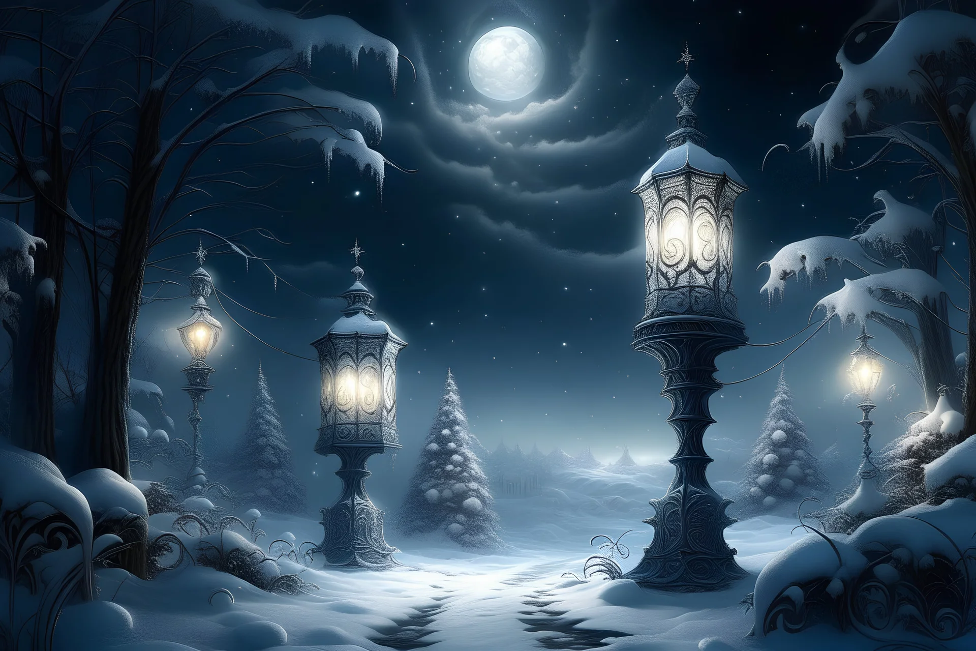 Winter landscape, delicate white velvety clouds, refined and filigree, lanterns, ice sculptures in Gothic style, snow-covered trees, mystical haze, starry black night, hyper realistic, beautiful, lumen, professional photo, beautiful, high resolution, cgi, f/16, 1/300s. highly detailed digital painting