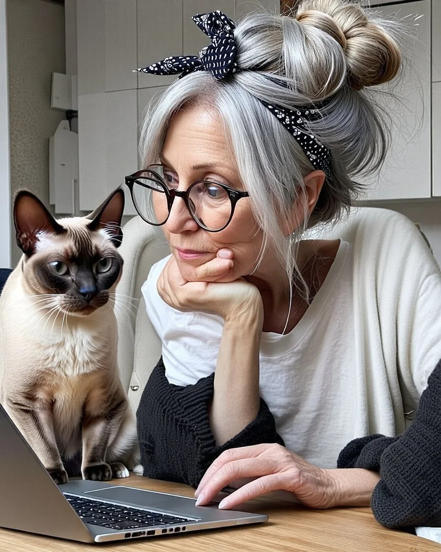 Whimscal a middel-aged women with silver hair in a little messy bun and black and white bandana with knot and glasses, wearing white tshirt and an unbuttoned black sweater, she sits on a chair behind a table where she has her laptop, She leans her chin in her hand and looks into her laptop, her Oriental shorthair Siamese cat put her paws on the tabletop, bg a kitchen, wet oil sketch on canvas.