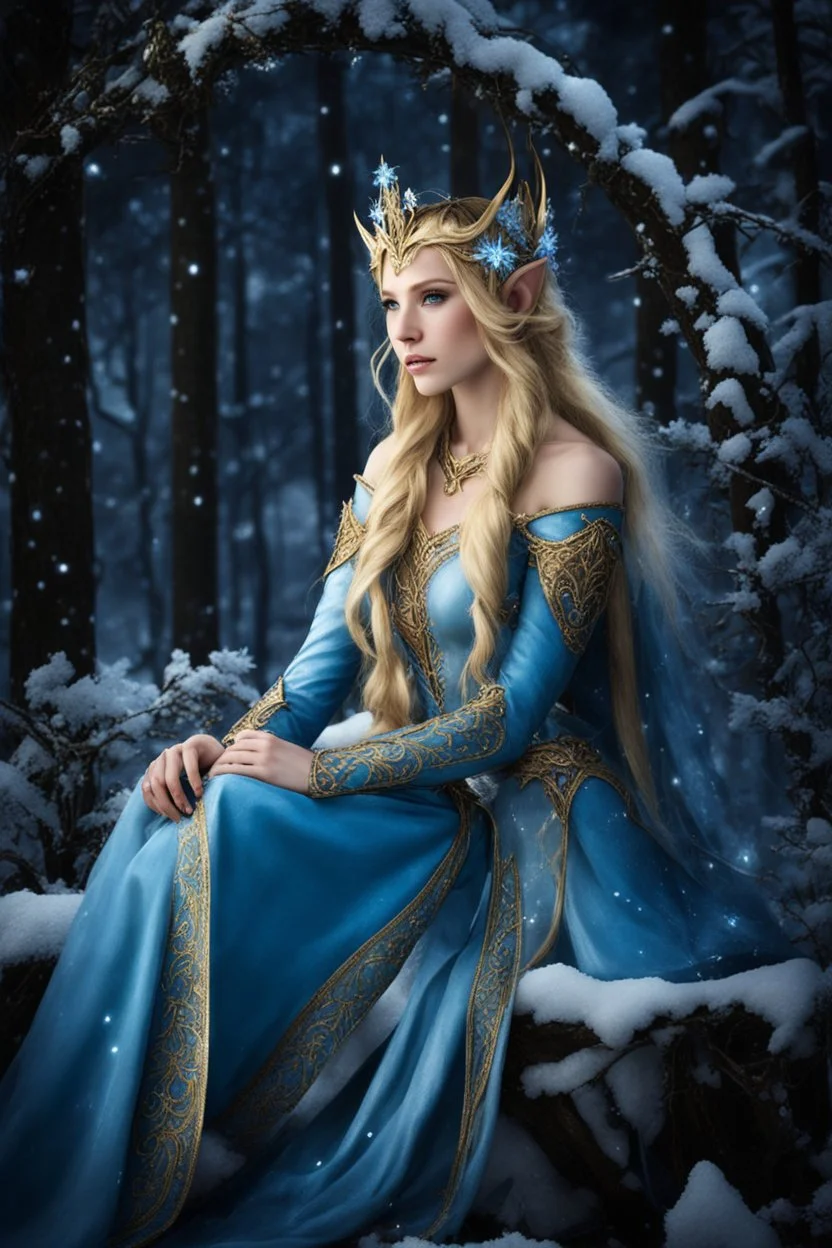 Elven princess,elven crown,long blonde golden hair,rapunzel hair,ice flowers,beautiful,light blue,dark blue,golden armor,sparkle,glitter,ice flowers,snow,elven ears,dark fairy princess