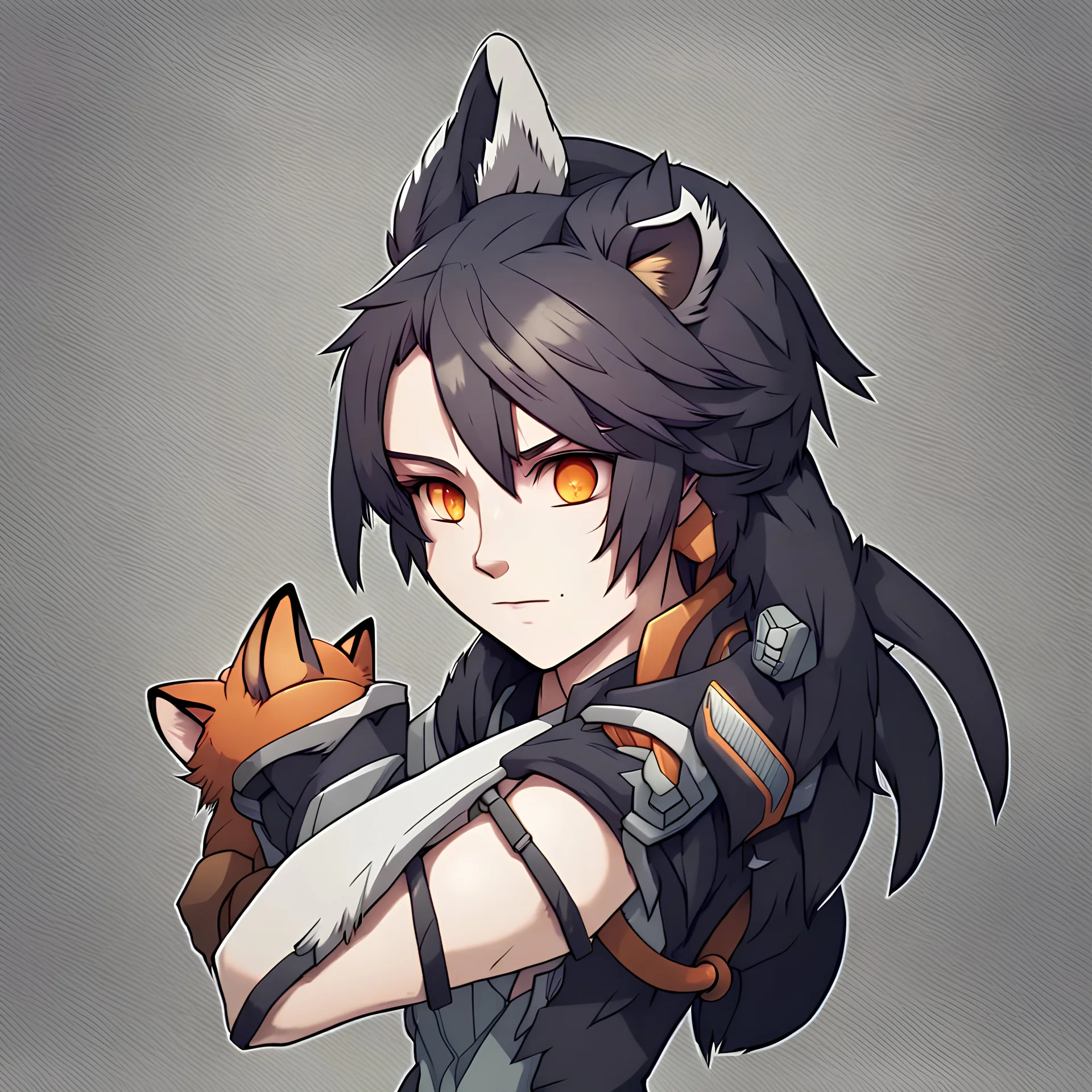 Anime portrait, anthropomorphic wolf character with fox ears and a tiger's tail, 8K resolution, ultra graphics, high quality, and detailed with lines.