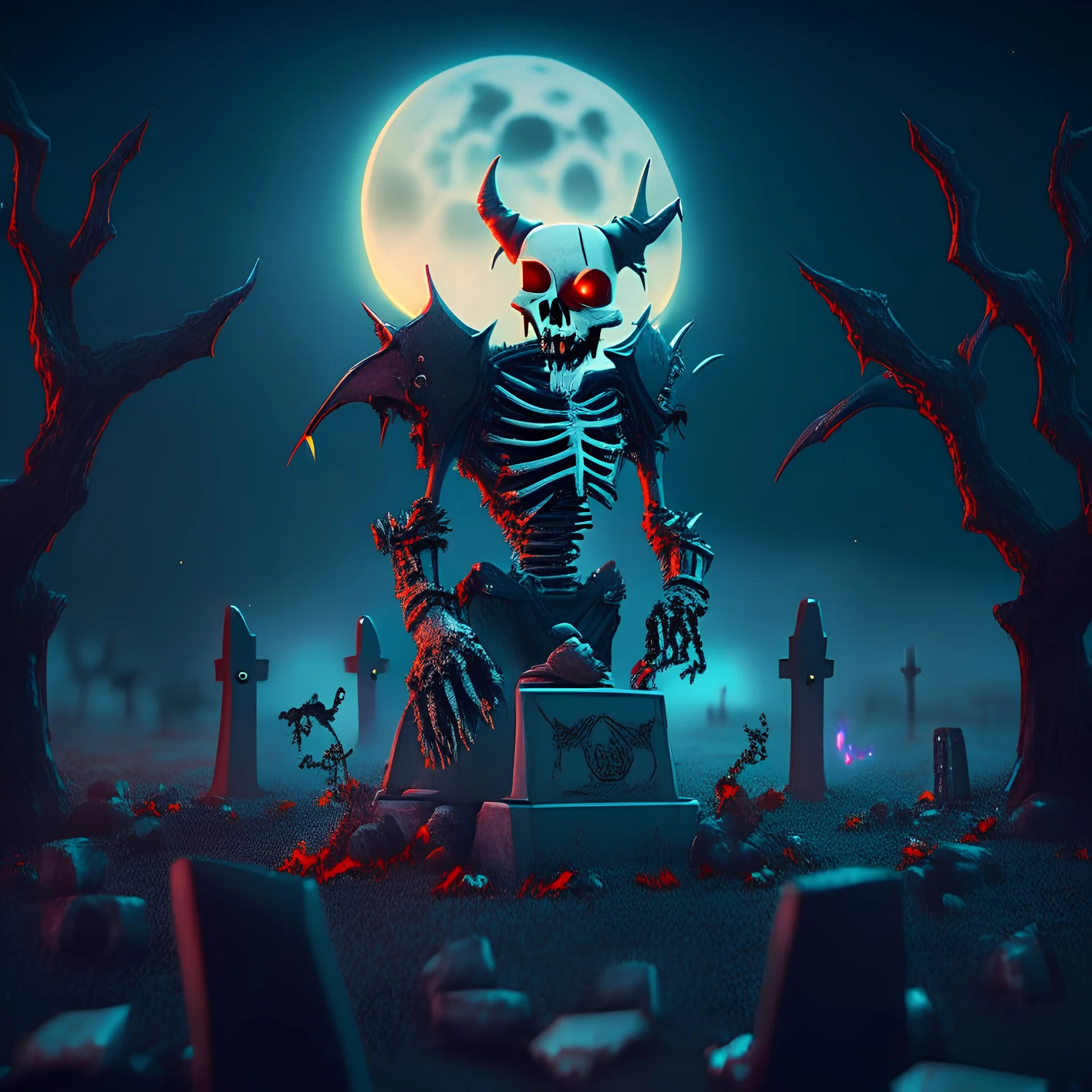 robot devil bones dwon moon in graveyard 8k