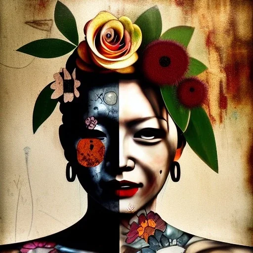 an abstract painting of rusted metal and flowers, beautiful smiling fullbody Yakuza Woman portrait, with fullbody japanese realistic tattoes, realistic,rust, scaffolding, iron cladding, decay, mixed media, textured, anatomically correct, beautiful perfect face, sharp focus, highly detailed by Johannes Vermeer 8k