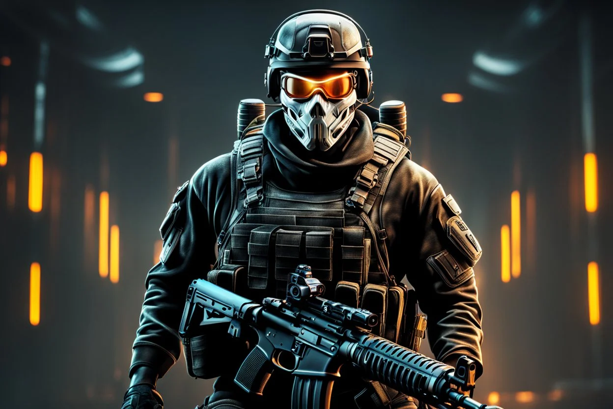 Ghost Soldier with skull mask in 8k realistic cgi drawing style, call of duty them, close picture, neon, intricate details, highly detailed, high details, detailed portrait, masterpiece,ultra detailed, ultra quality