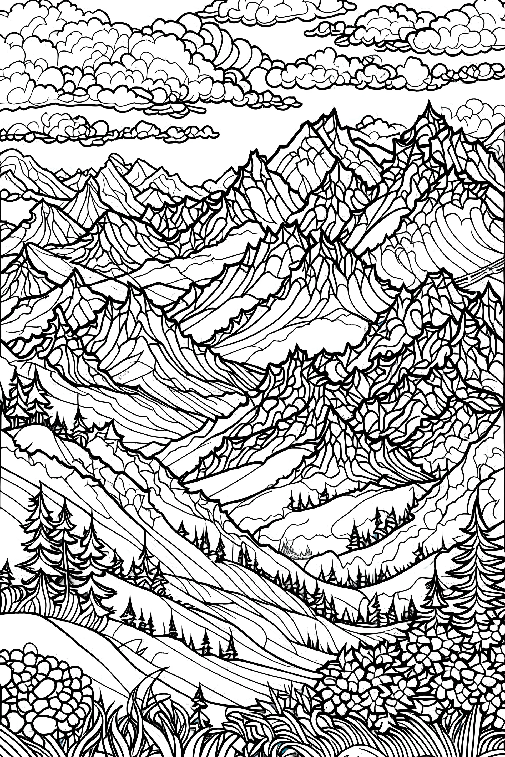 A mountain plateau with sweeping landscapes, untouched nature, and a feeling of freedom, intricate coloring page for adults, contour, vector, clean line art, white background, detailed, black and white, in the style of kalamkari design