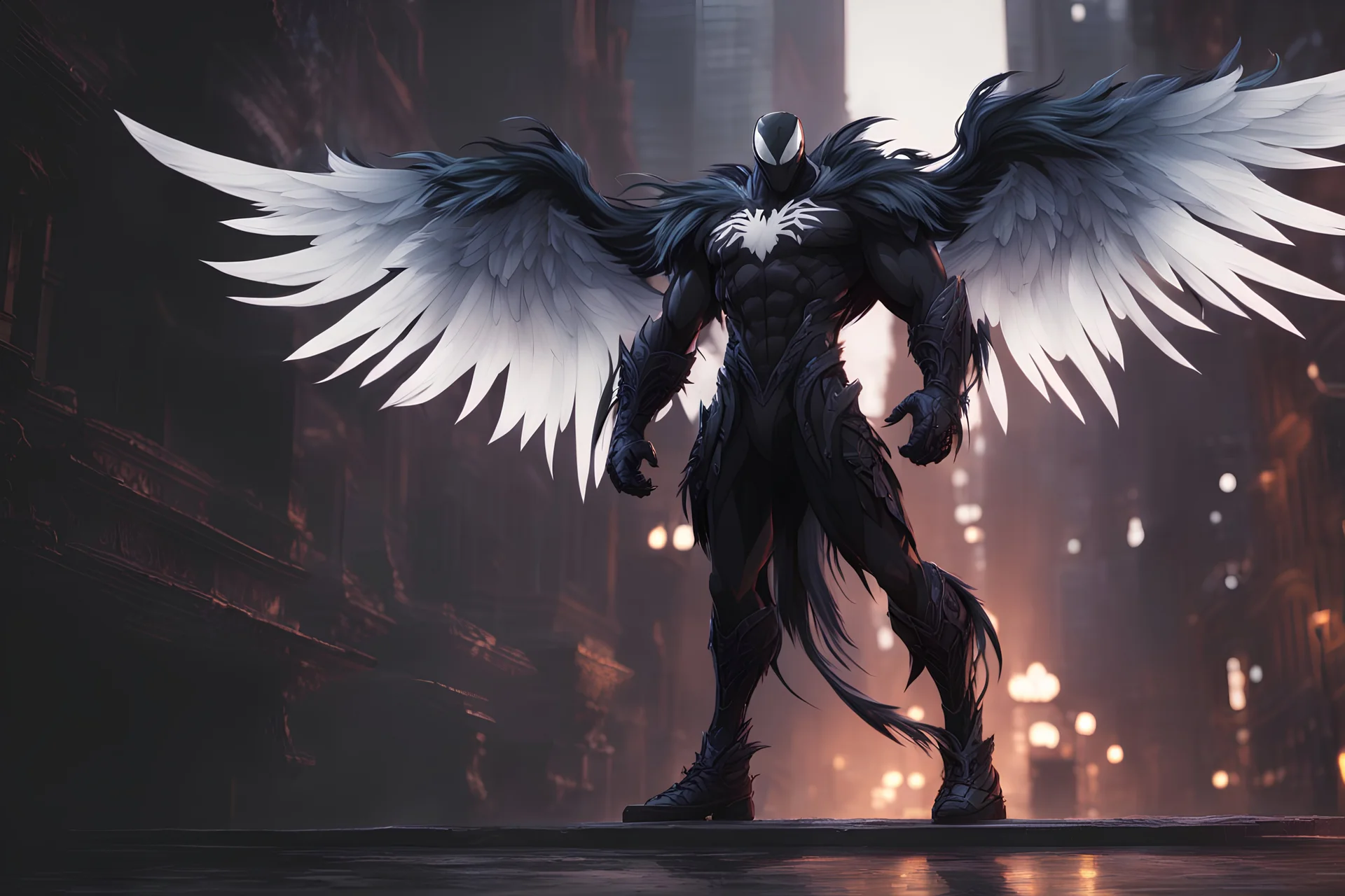Venom in 8k solo leveling shadow artstyle, ra them, neon effect, big white wings, feathers, full body, apocalypse, intricate details, highly detailed, high details, detailed portrait, masterpiece,ultra detailed, ultra quality