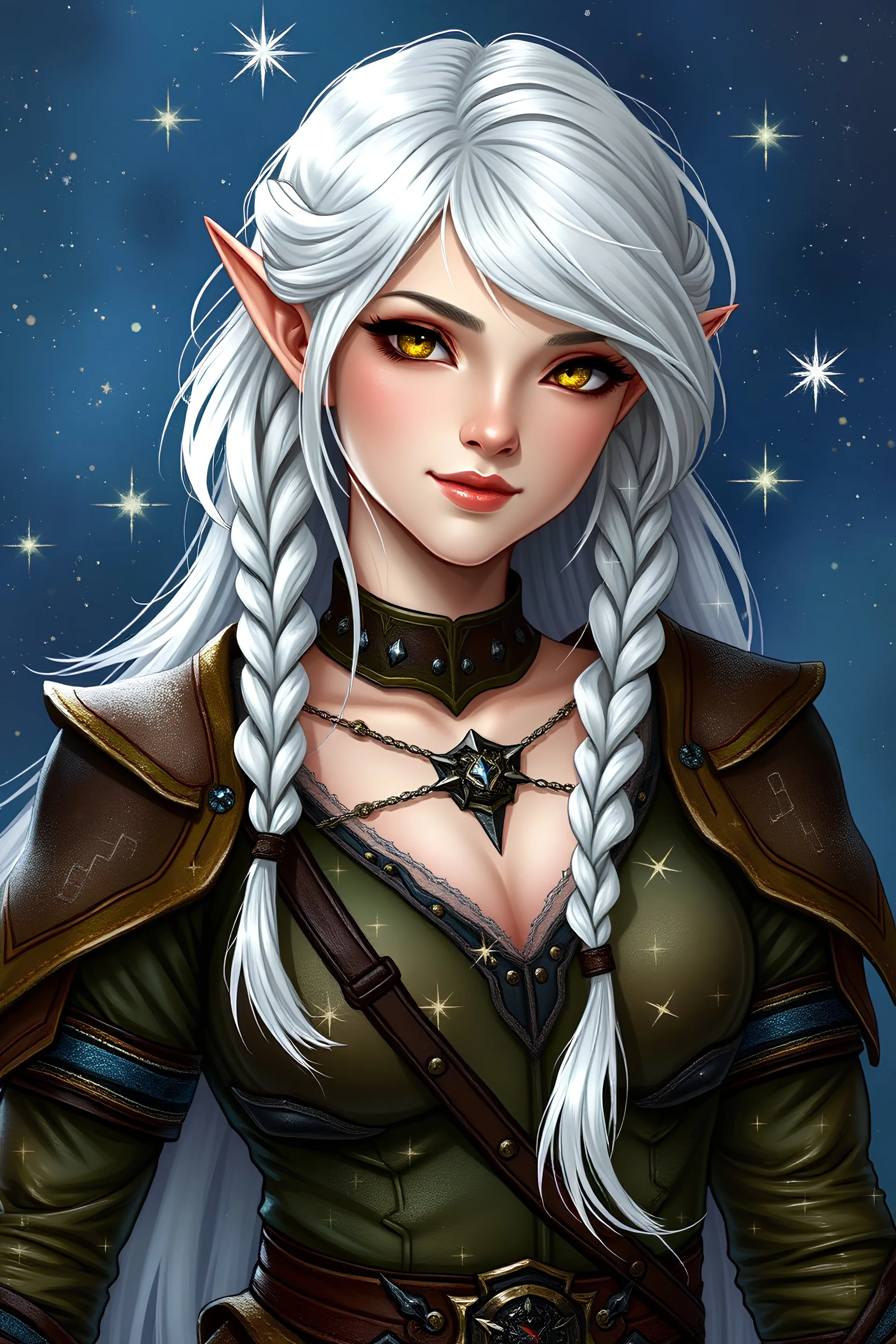 Circle of Stars Druid from dnd. She is a high elf with medium length white hair, some of it pulled back in small braids with glitter, with gold eyes. Background should show the cosmos. Her outfit should have constellations on it and be leather armor but still look nature inspired, but outfit should a little flirty. She should also have a dreamy smile on her face. She appears almost draped in silver starlight.