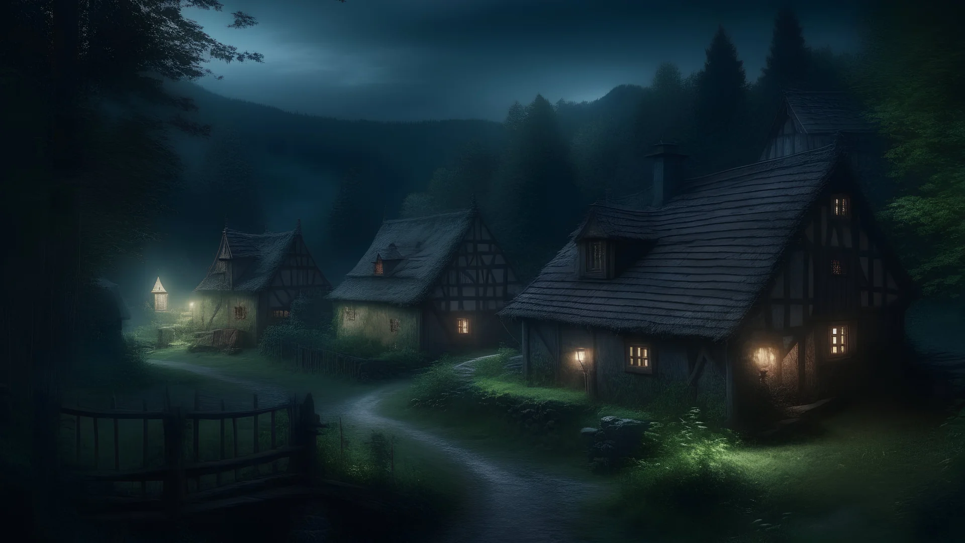 Medieval gloomy village in the forest, night