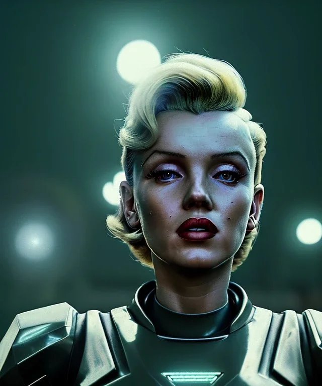 Ultra Realistic retro sci-fi scene, waist up view portrait, blonde woman, sweet young Marilyn Monroe face, perfect iris, tight latex coat, Strange planet background, Retro sci-fi style helmet, fog, rain, soft color, highly detailed, unreal engine 5, ray tracing, RTX, lumen lighting, ultra detail, volumetric lighting, 3d, finely drawn, high definition, high resolution.