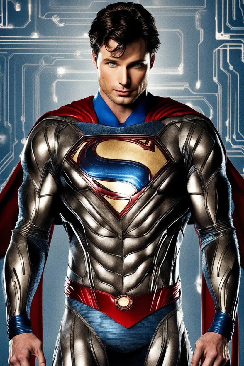 tom welling in a superman suit which is metallic and futuristic from the movie man of steel