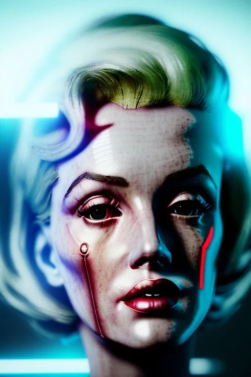 Ultra Realistic image, portrait, blonde woman, sweet Marylin Monroe face, perfect iris, glow eyes, glow makeup. Cyborg, Cyberpunk style, latex coat, fog, rain, soft color, highly detailed, unreal engine 5, ray tracing, RTX, lumen lighting, ultra detail, volumetric lighting, 3d, finely drawn, high definition, high resolution.