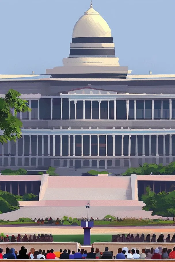 To governors having a speech in front of a huge building painting