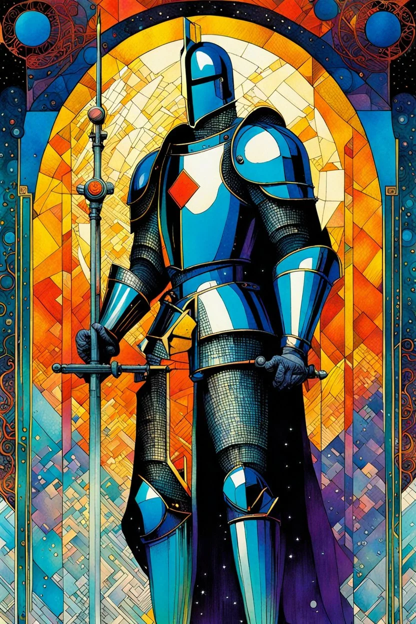 Create a chaotic abstract cubist Tarot Card depicting The Knight of Swords , with highly detailed facial features, in the style of Bill Sienkiewicz, Philippe Druillet, Gustav Klimt, and Jean Giraud Moebius, precisely drawn, colored and inked, with ornate bordered edges