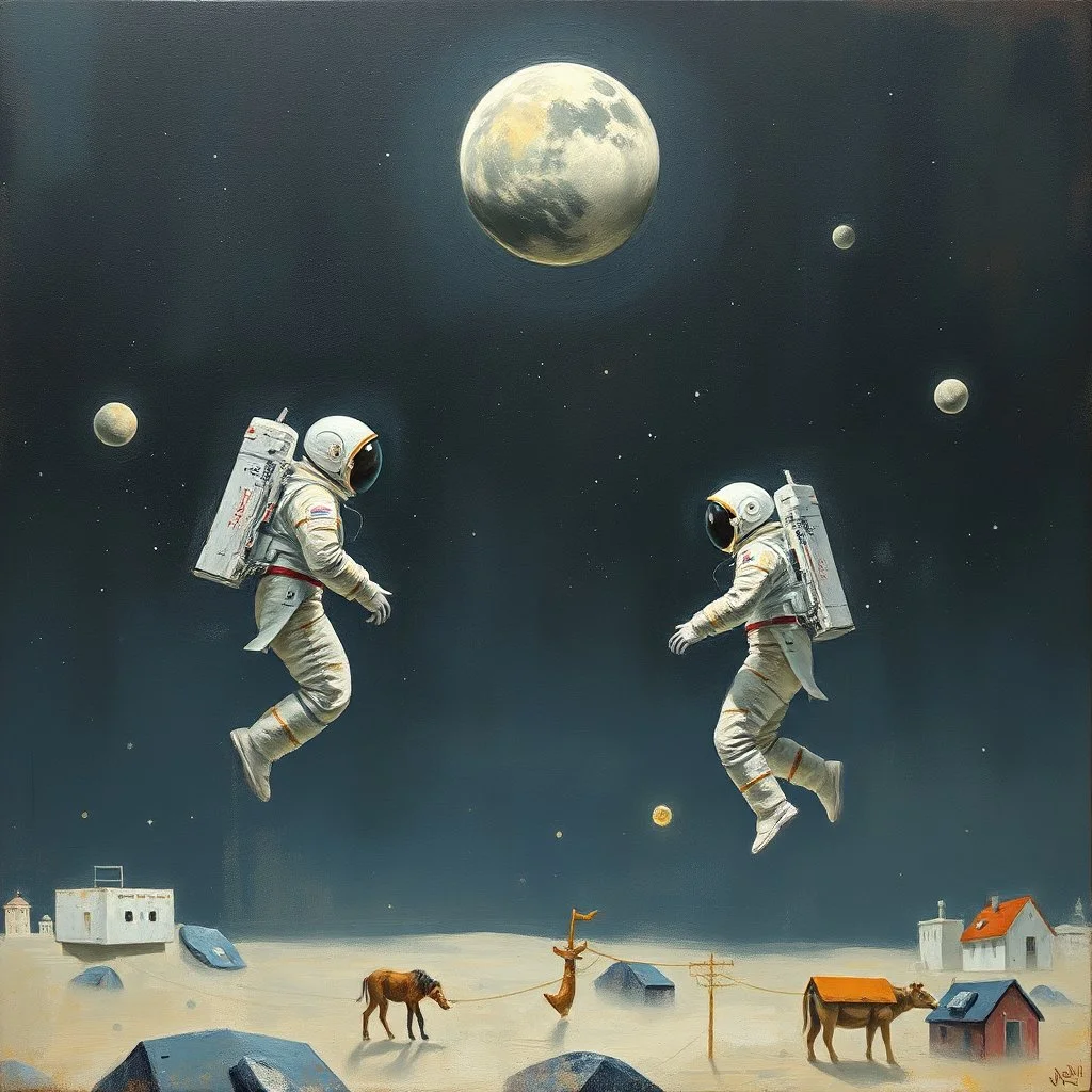'Cause you and I will be like a couple of cosmonauts Except with way more gravity than when we started off" minimalisric surreal space composition Modifiers: oil on canvas surreal Mixed Media mysterious Impressionism heavy brushstrokes Jamie Heiden Gayane Khachaturian arbitrary colour alteration dmt puff mild exorcism Squeak Carnwath Bif Inc.™