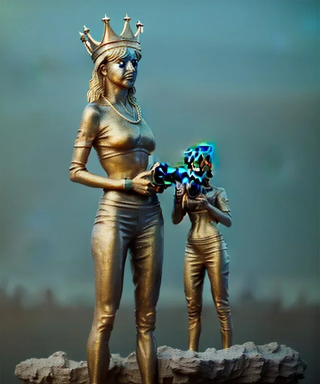 Statue of Queen of photography holding camera in hands. Cute blonde woman. Photographer in golden crown. Standing on the street. Big camera in her hand. hyperdetailed, photorealistic, trending on artstation, greg rutkowski, beksinski, kodachrome, volumetric lighting, gold and cyan