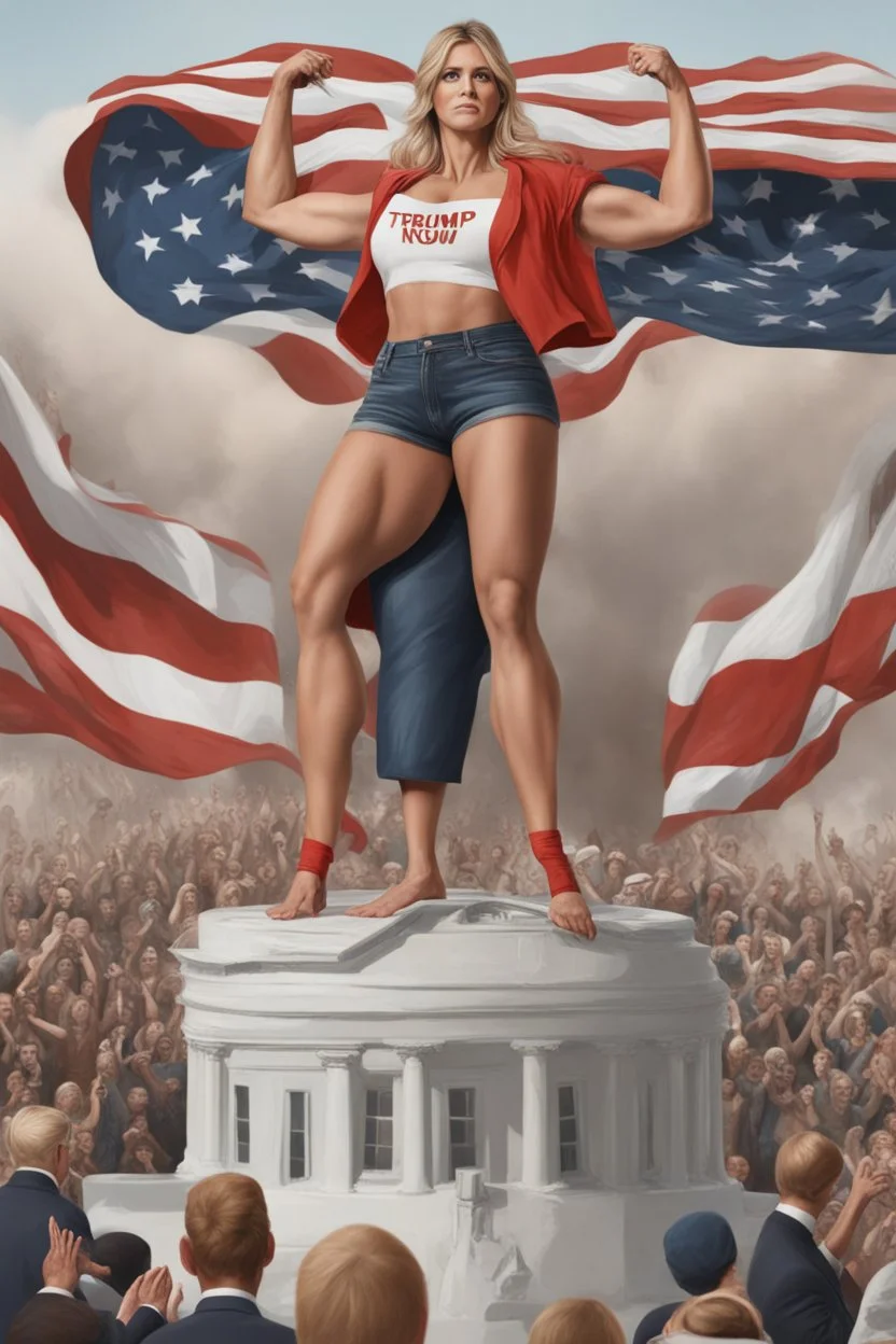 strong woman standing on top of trump's body