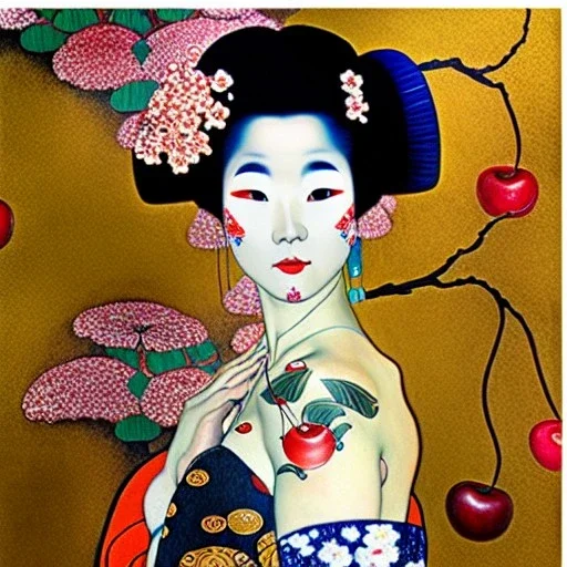 dibujo al oleo de cuerpo entero de una Geisha bella con tatuajes arbol sakura estilo Gustav Klimt