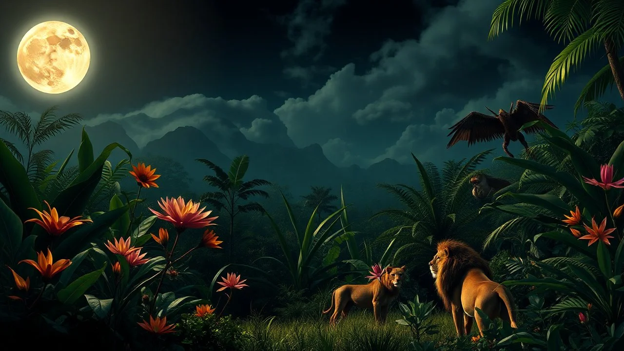 Venus in the night jungle, surrounded by exotic flora and observed by lions under the full moon.