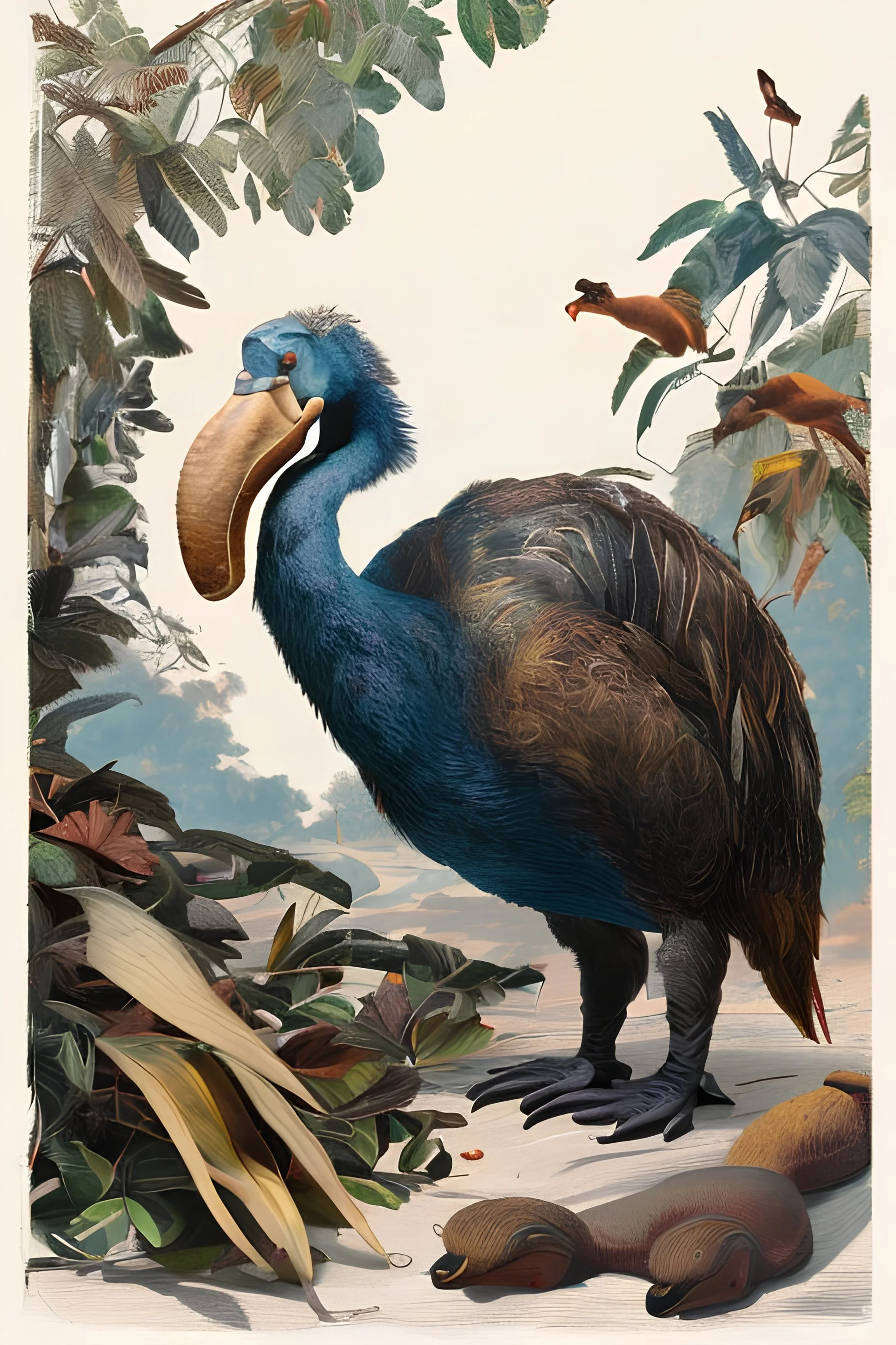 John James Audubon-like illustration of a fully uncropped Dodo bird and a Platypus in a landscape of warm yellows, warm reds, and warm blues