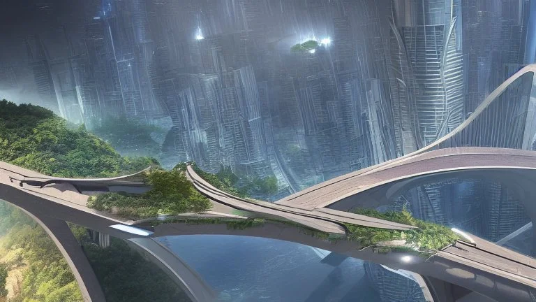 people watching a futuristic ship flying above a utopian city. bridges, roads, balconies, trees, dense foliage, river, pathways, detailed photorealistic