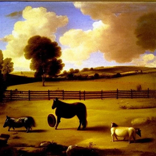 shetland pony, fence, field, oil painting, by Nicolas Poussin