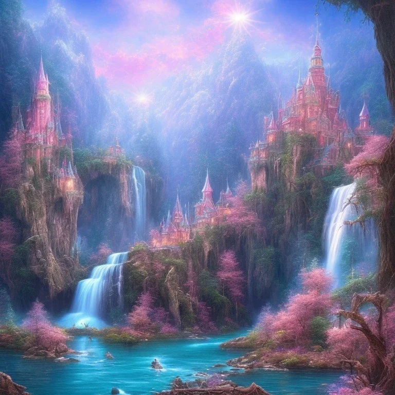 turquoise river, sun, waterfalls, pink fairy castle