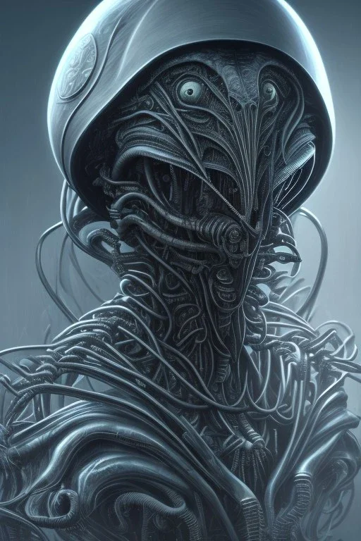 evil predator, alien, brutal face, tron, head, bitcoin eyes, 8k, finely detailed, dark light, photo realistic, hr giger, cyberpunk