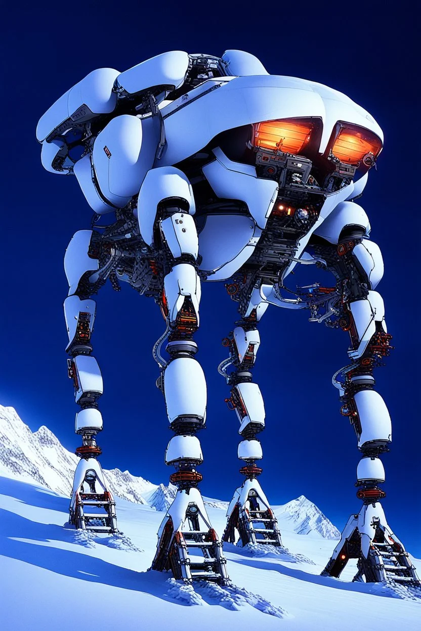 a sleek mechanical walker with eight legs scaling a very steep snow covered side of mout everest at night, it has a smooth surface, it has storage pods on its belly and humans can fit in the pods