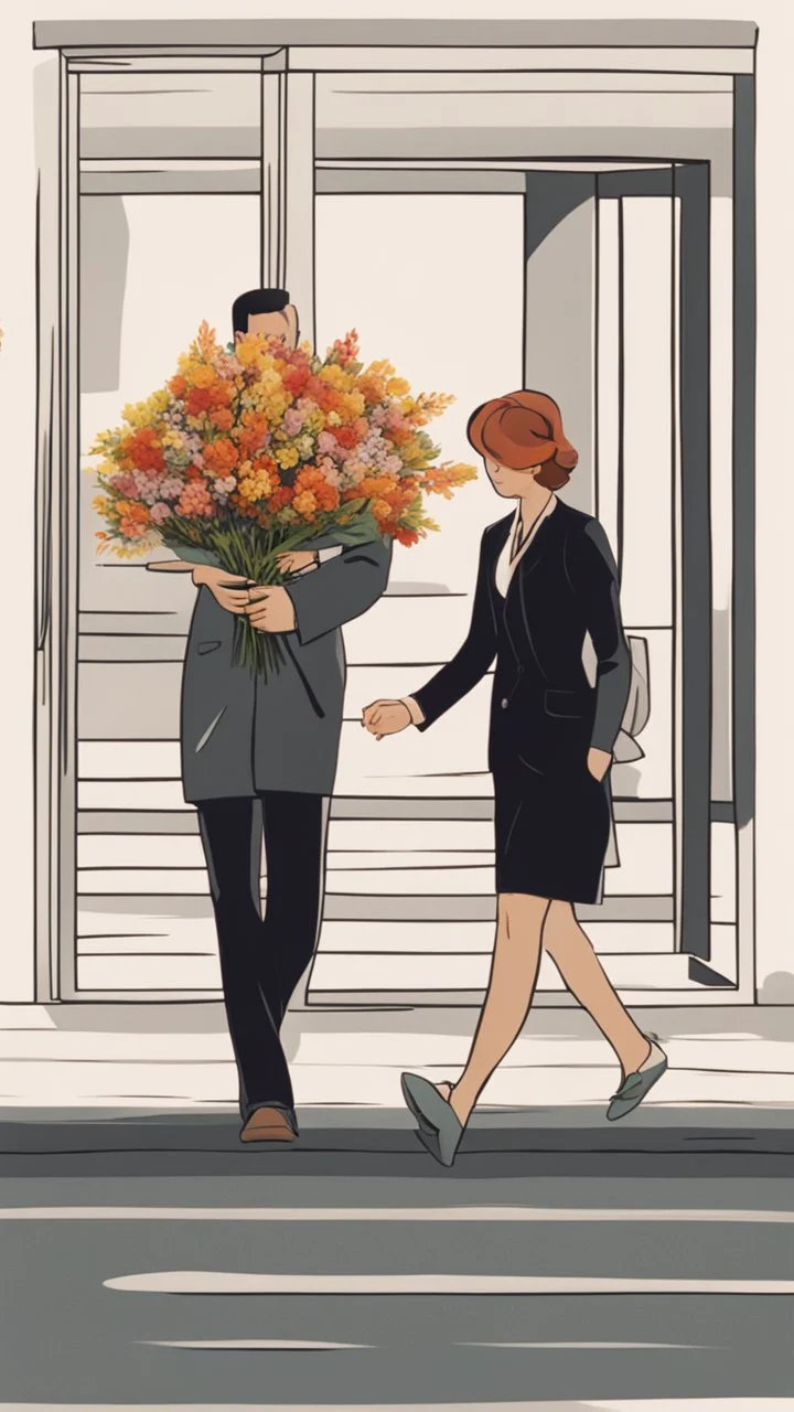 An image of a man holding a bouquet of flowers as he walks towards a woman. --auto --s2