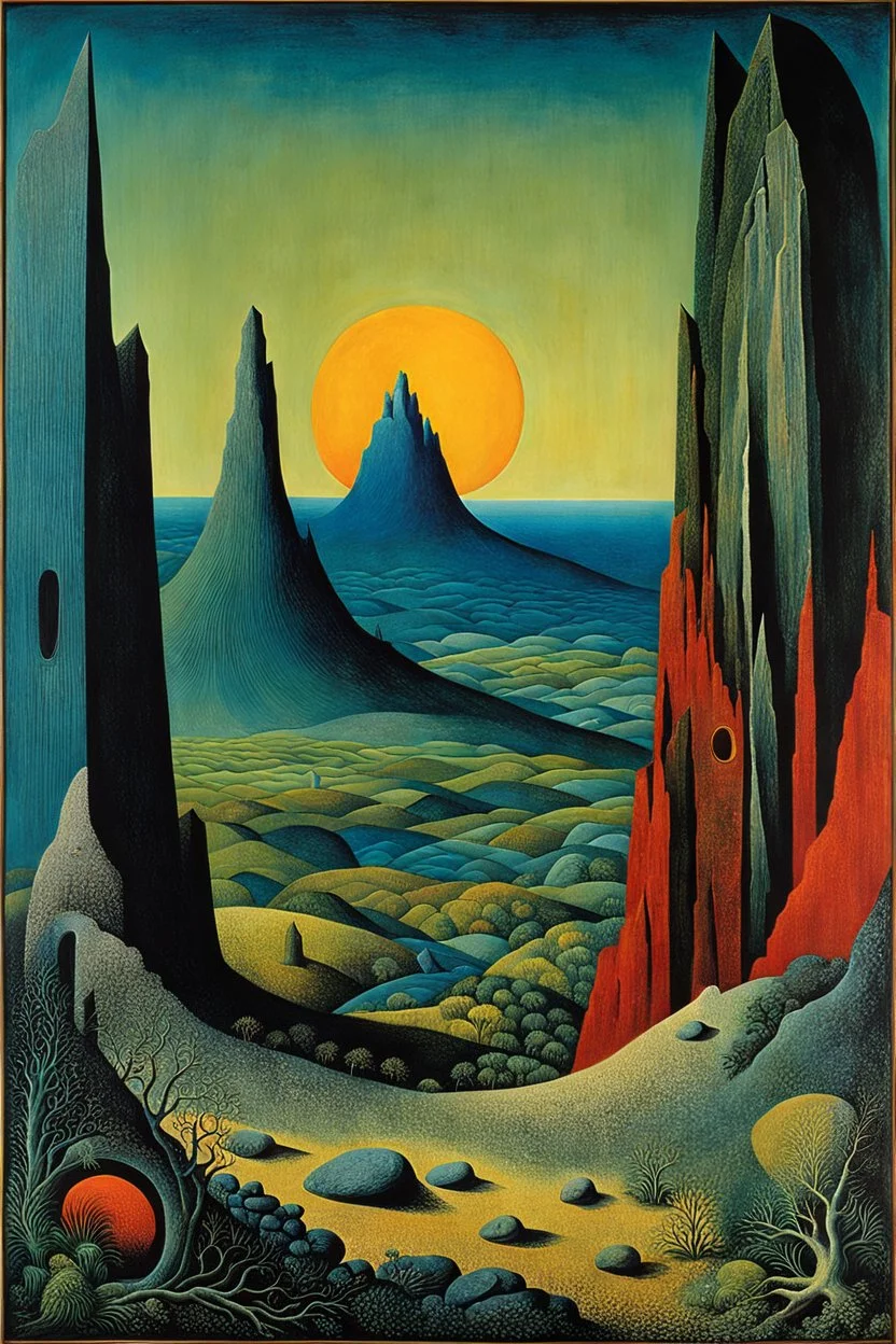 For The Eye of Silence Max Ernst employed a technique called decalcomania to create arbitrary textures on the canvas, which he then reworked to resemble rock formations and forms of animals, plants.cThe imagery on the surrealist canvas has been described as a primordial-like landscape. The Eye of Silence has also been described as, "part vegetation, part rock and part bejewelled