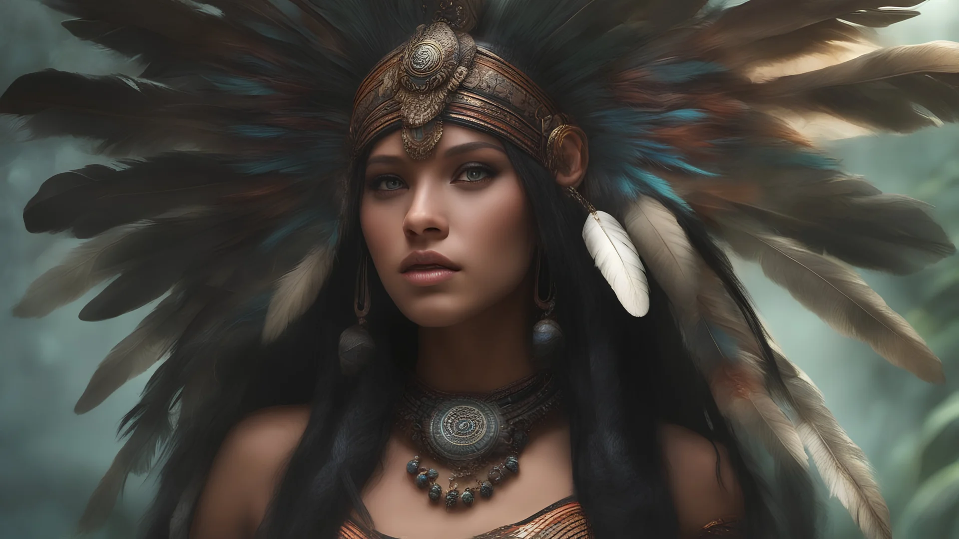 Photoreal unearthly gorgeous indigenous godlike mayan girl with neon glowing eyes adorned in clothes adorned with feathers that flutter with every step exuding beauty that blends seamlessly with the natural surroundings and hair cascading down her back like a waterfall of obsidian and eyes holding a spark of wild intelligence in a dense rainforest, otherworldly creature, in the style of fantasy movies, shot on Hasselblad h6d-400c, zeiss prime lens, bokeh like f/0.8, tilt-shift lens