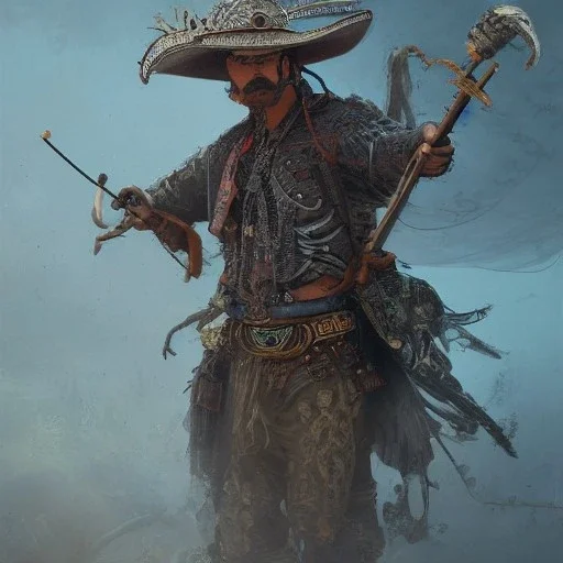 Insanely detailed photograph of an “ a mustachioed cowboy warrior ” with detailed Sombrero, intricate charo,cigar,crossbow in hand, hyperdetailed painting by Ismail Inceoglu Huang Guangjian and Dan Witz CGSociety ZBrush Central fantasy art album cover art,8K, hdr, mysterious, flickeringlights ,Stoic