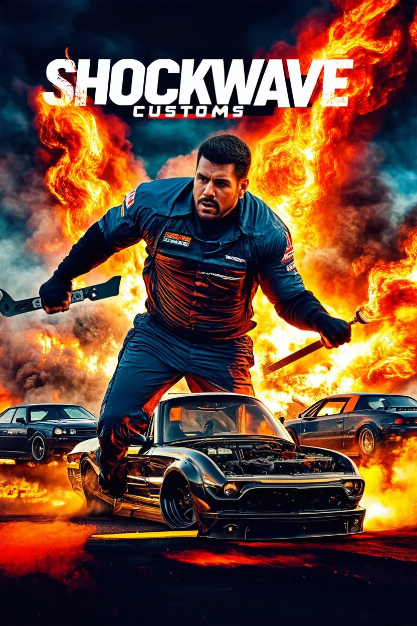 "Design a 90s-style action movie poster titled 'Shockwave Customs.' Feature a super heroic mechanic in the foreground, fiercely battling thousands of adversaries with a spanner. In the background, show cars doing burnouts, creating a dynamic and intense scene. Capture the high-energy, gritty aesthetic of classic 90s action films. Prominently display the subtitle 'mmechanic negotiator' in bold, impactful lettering."