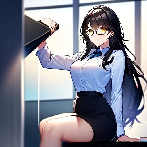 Clear focus, 8k, high quality, detailed, beautiful lighting, girl, vibrant colors, black long hair, vibrant golden eyes, office clothes, glasses, messy hair, sitting down, stretching,