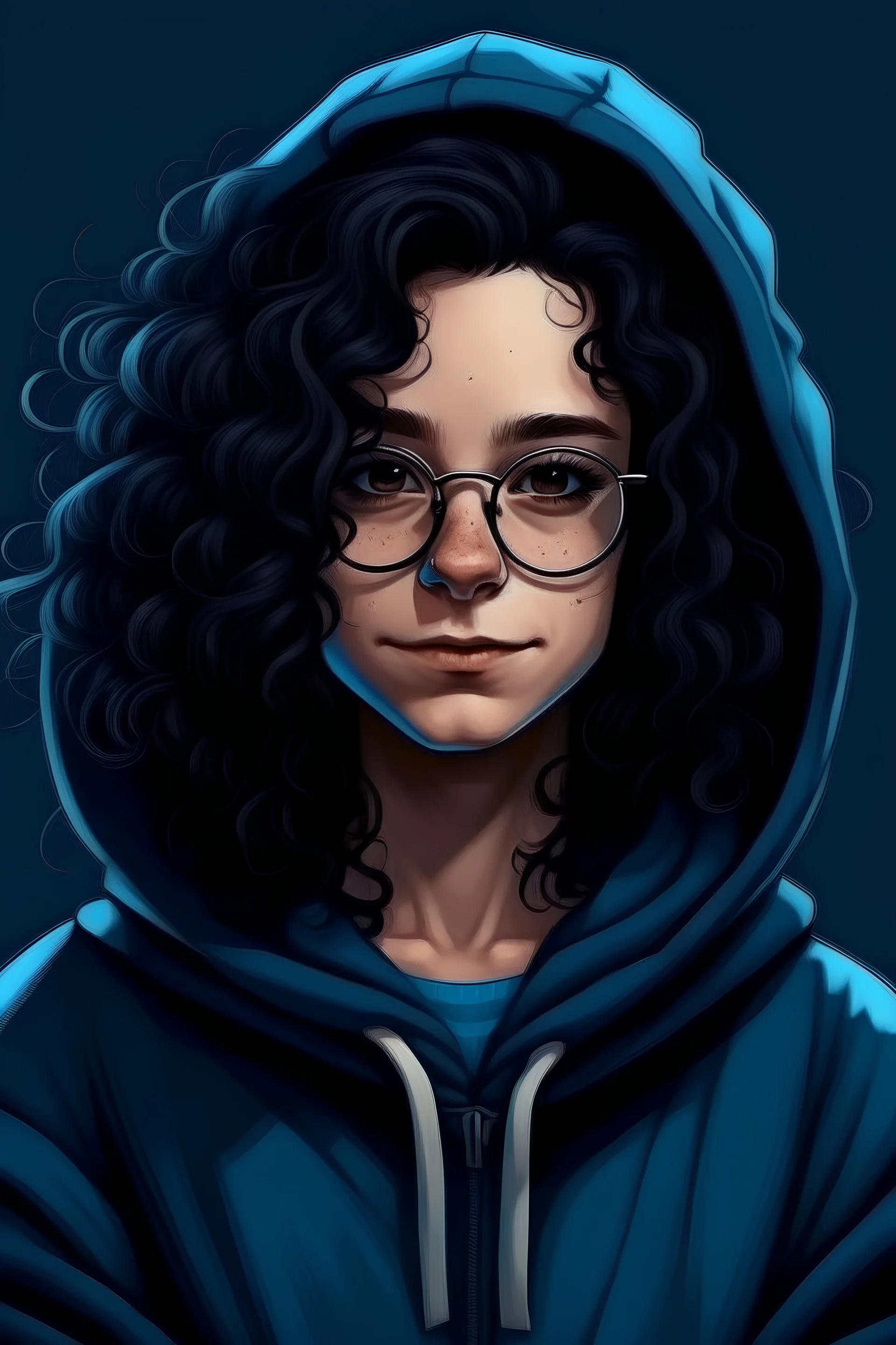 mach ein mädchen mit vielen vielen schwarzen locken und lange haare. einer schwarzen dicken brille, silberohrringe, braune augen, und einer voldemortnase, in einem blauen hoodie