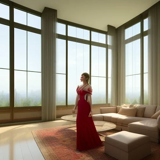 photograph of a woman, standing in a modern living room with large windows, stunning environment, ultra realistic, concept art, elegant, ((intricate)), ((highly detailed)), depth of field, (((professionally color graded))), 8k, 85mm, f/1.8, art by artgerm and greg rutkowski and alphonse mucha