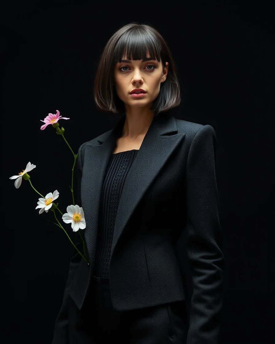 generate a high fashion photo with High technik, futuristischen aspekts, kultur, with moss, flowers, in combination with an black backroundgenerate she should wear a black short jecked, that is open in the middle, Jacket Design Specification: Material: High-quality wool for a structured yet comfortable fit. Color: Deep black. Silhouette: Tailored fit with a slightly structured shoulder line for a refined shape. Details: Intricate vertical pleating and stitched accents on the front panel. High co