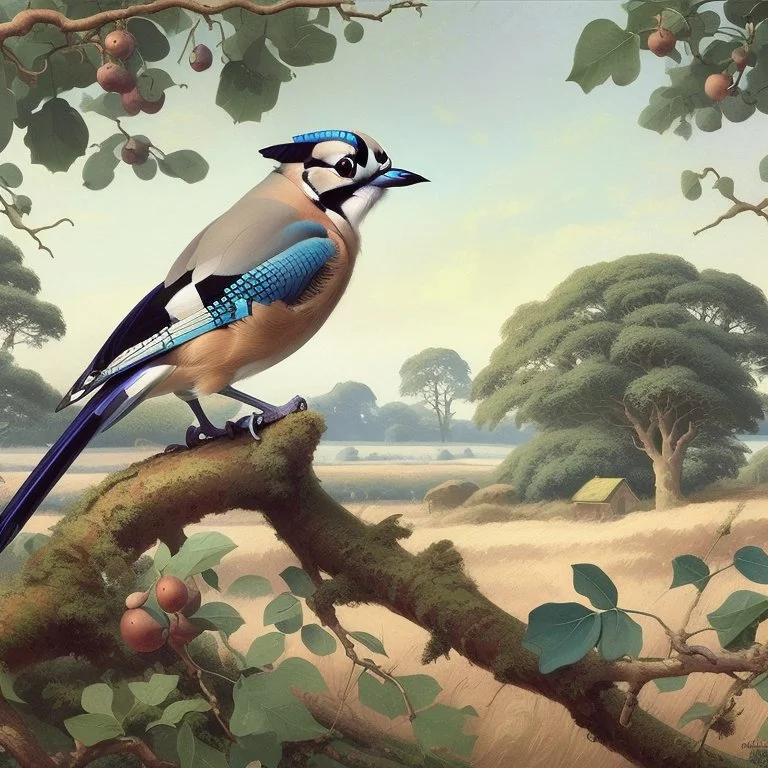 Wildlife painting in the style of Charles Tunnicliffe, showing a European Jay, perched upon the branch of a tree in the English countryside. Modifiers: oil on canvas Art Nouveau 1950s style oil on canvas wildlife art Charles Tunnicliffe ladybird books Art Nouveau oil on canvas oil on canvas