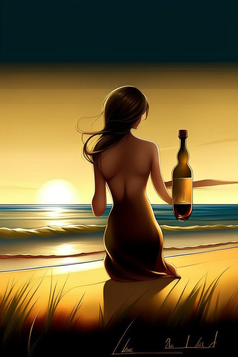 woman with wine bottle in beach digital art