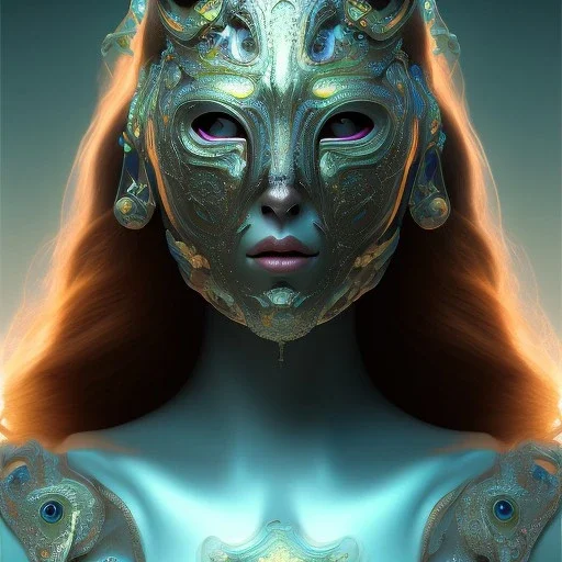 biomorphic girl mask with lighting, panoramic, colours, 3D-rendering, foto-realistic,TG, 8k, art by ernst Fuchs.