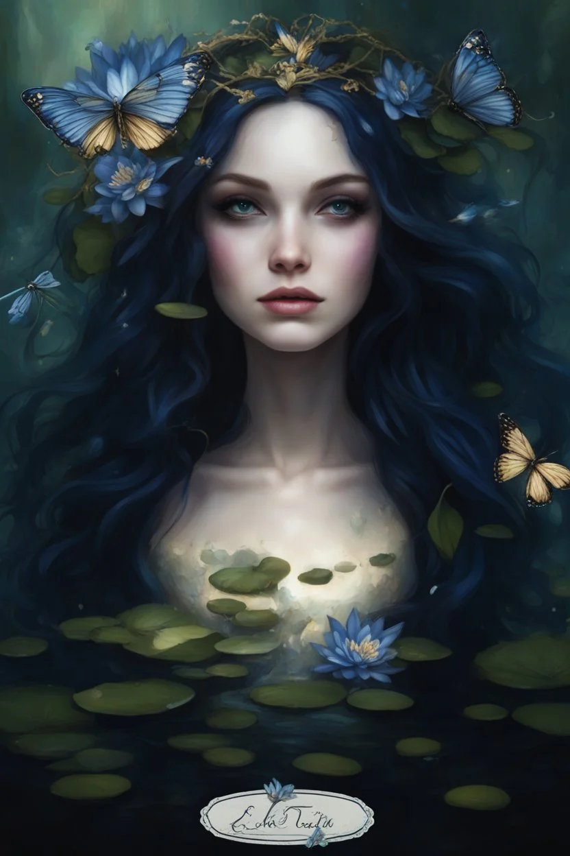 Blue Water lilies Dark blue long hair Dark Fairy princess rapunzel hair queen crown butterflies dragonflies fireflies elven tiara flowers fairy wings saphire