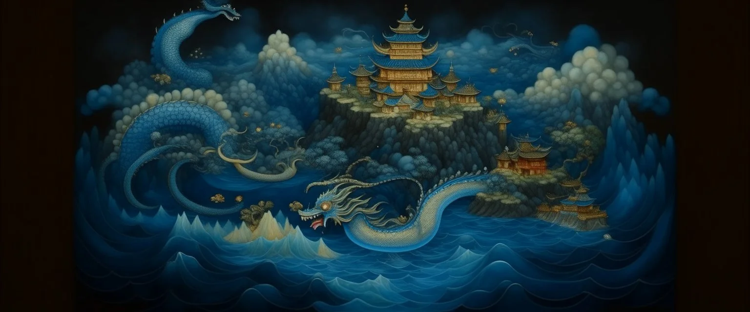 A dark blue island with a dragon palace painted by Qiu Ying