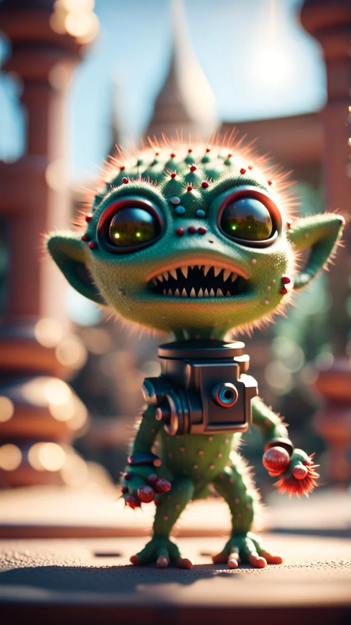 sad cactus alien gremlin firing cactus rocket launcher in high end palace,bokeh like f/0.8, tilt-shift lens 8k, high detail, smooth render, down-light, unreal engine, prize winning