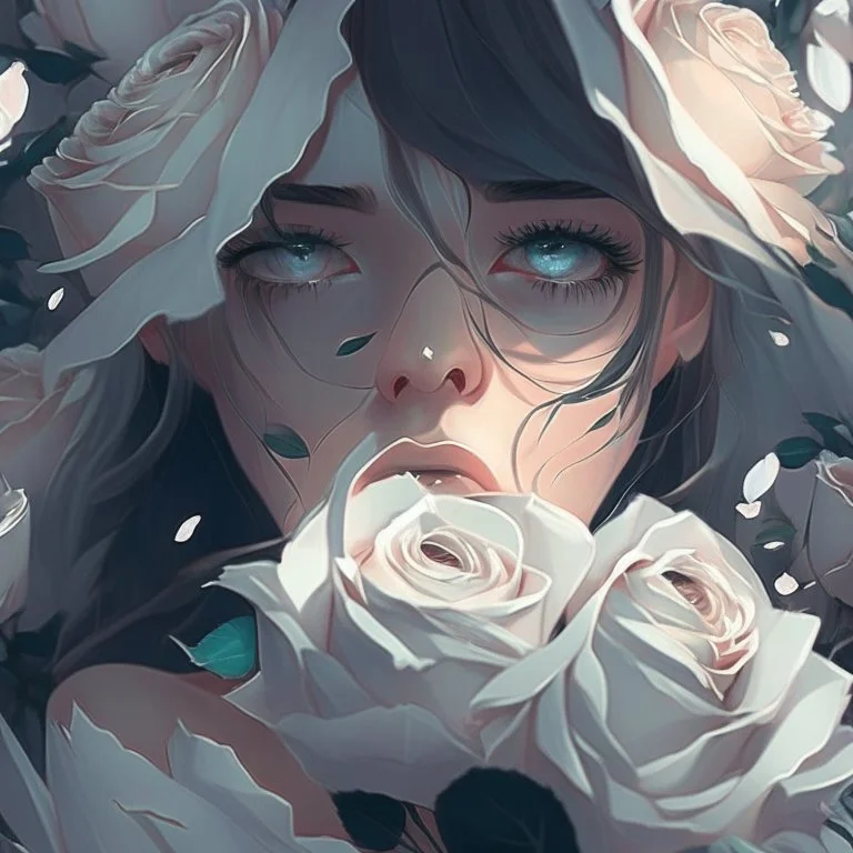 Pictures of a beautiful girl with a with background holding white roses covering her face Like from a cartoon movie, digital art, anime, 4k, full details, high resolution