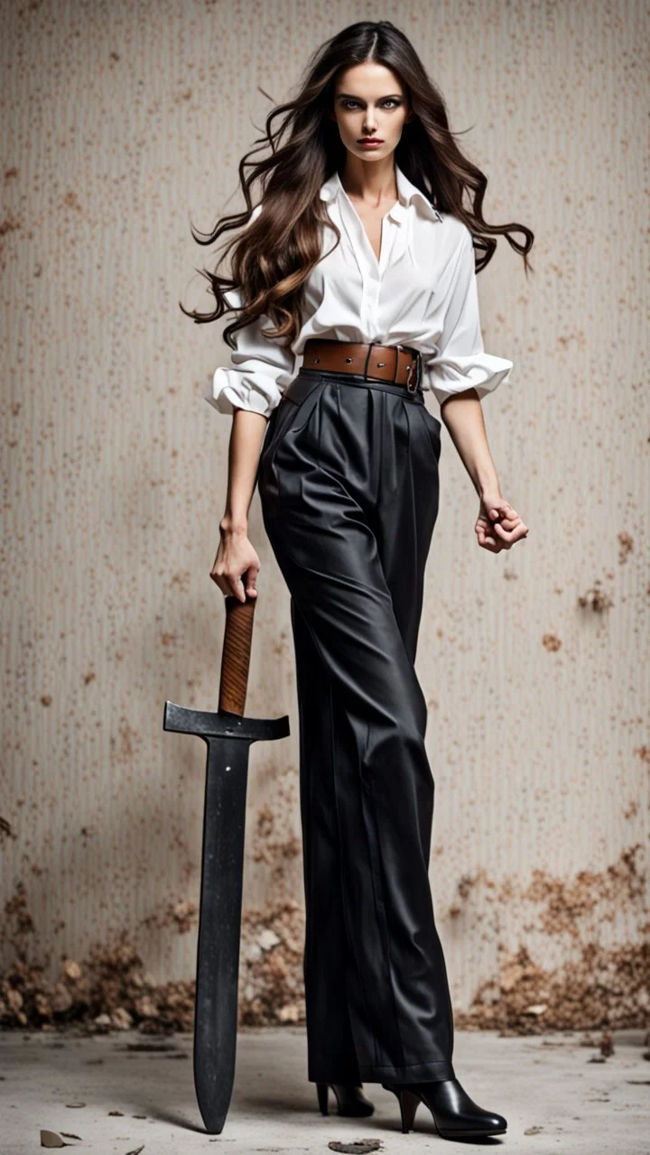 Full body athletic Ukraine female with black wide leg pants, white blouse, face made of a Greek sculpture , long hair, holding a trench cleaver, flat leather pouch on belt, thick heeled shoes