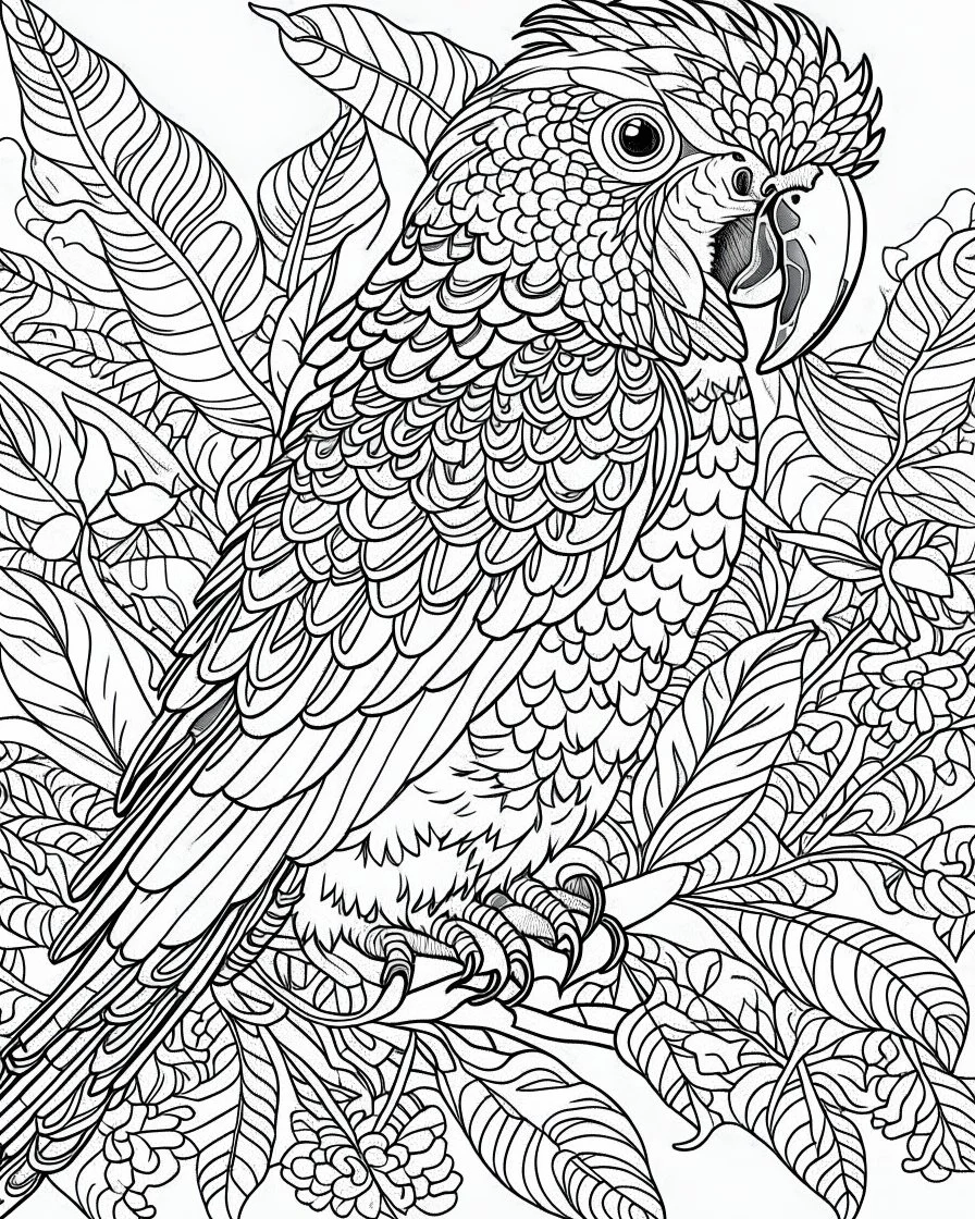 A coloring page of a magnificent parrot, flowers, leaves, (masterpiece), (coloring page), line art drawing, minimalist, graphic, (line art), vector graphics, clear and distinct lines, intricate patterns, varied line weights, smooth curves, bold outlines, crisp shapes, style of van gogh